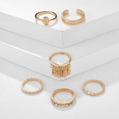 6-piece Ring Geometric Leaf Tassel  Ring